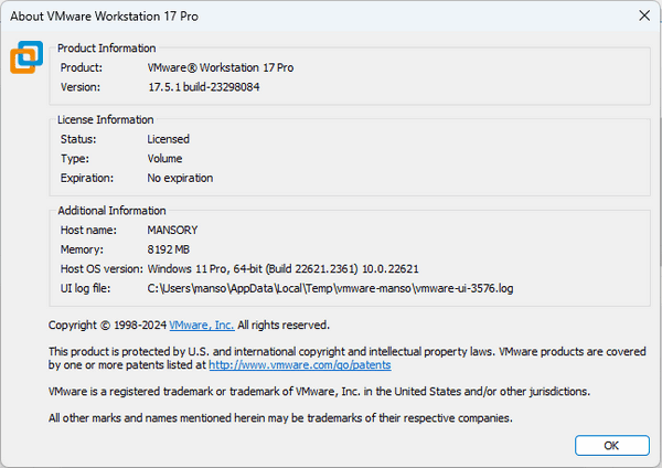VMware Workstation Pro 17.5.1 Build 23298084 