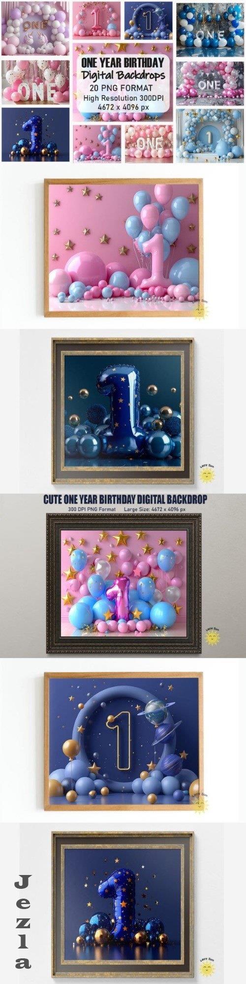 Cute One Year Birthday Digital Backdrops