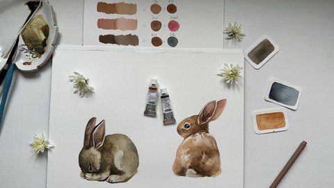 Watercolor Animals: Paint Bunny And A Cat Portrait