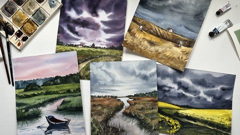 5 Watercolor Landscapes Painting Sky And Foreground