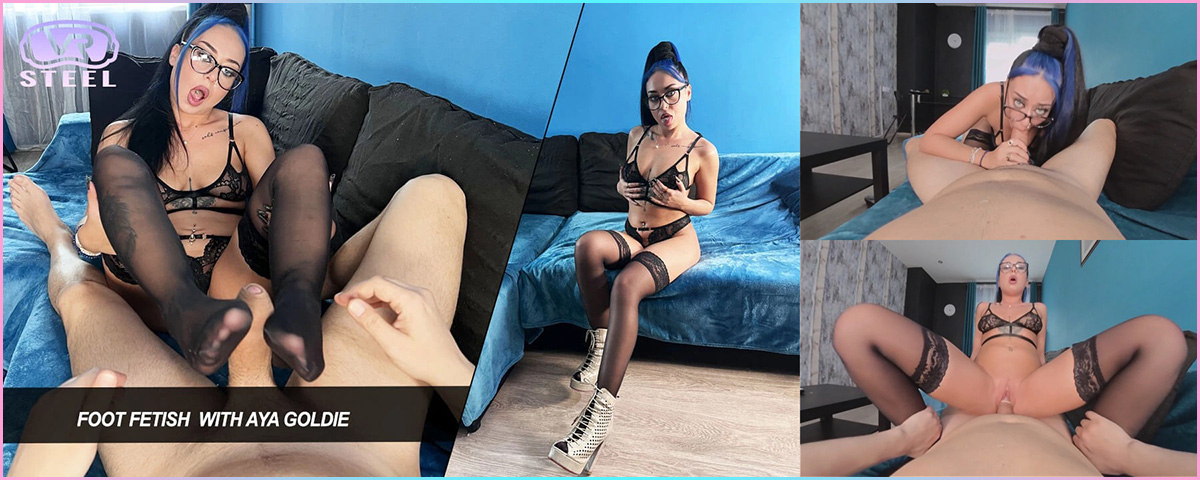 [Steel VR / SexLikeReal.com] Aya Goldie - Foot fetish with Aya Goldie [09.05.2024, Blow Job, Colorful, Condom, Cowgirl, Face Pierced, Feet, Footjob, Glasses, Hand Job, Hardcore, Legs, Nylons, Pierced Navel, POV, Reverse Cowgirl, Shaved Pussy, Stockings, Tattoo, Virtual Reality, SideBySide, 6K, 2880p, SiteRip] [Oculus Rift / Quest 2 / Vive]