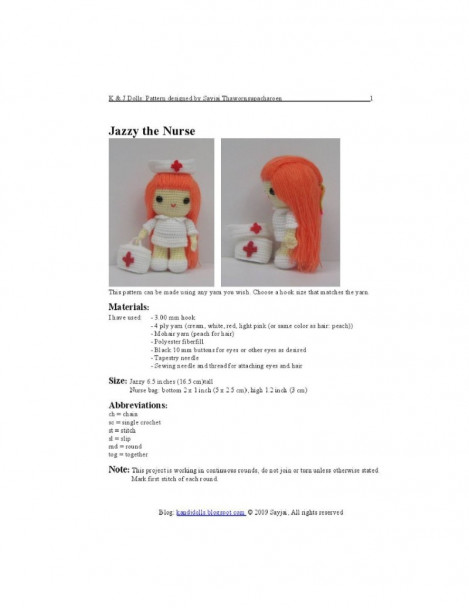 Nurse Jazzy Amigurumi Crochet Pattern - Sayjai Thawornsupacharoen 2108e011307d2f22a604471abb422274