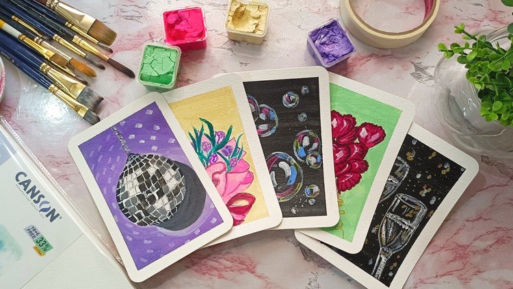 Learn To Paint Aesthetic Party Themed Gouache Paintings