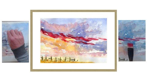 Watercolour Color Painting. Beach Sunset. One Brush Loose