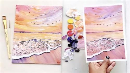 Pink Seascape Acrylic Painting – How To Paint Sea Waves