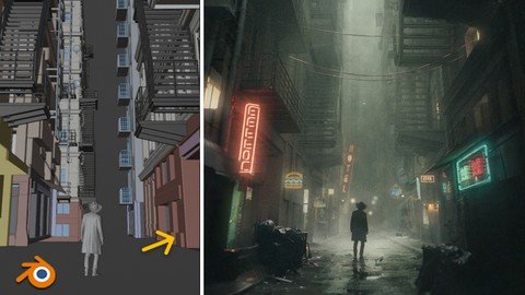 Dark Alley, Full Blender Cinematic Workflow + 300 Assets