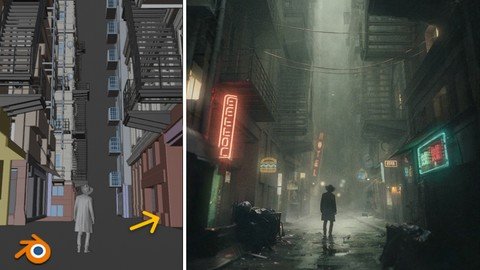 Dark Alley, Full Blender Cinematic Workflow + 300 Assets 2a27873339e84babbc6a8b4c836667c6