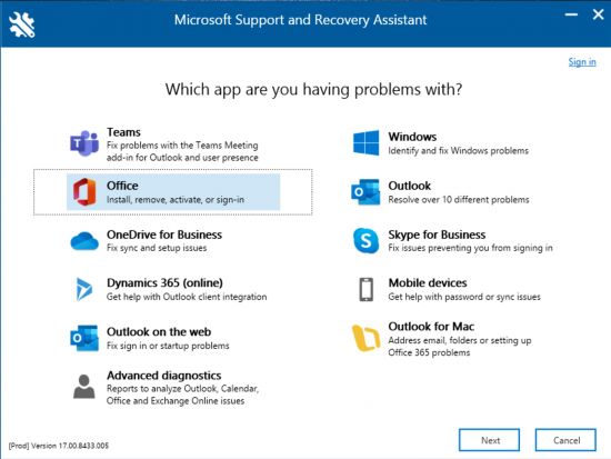 Microsoft Support and Recovery Assistant (SaRA) v17.01.2011.000